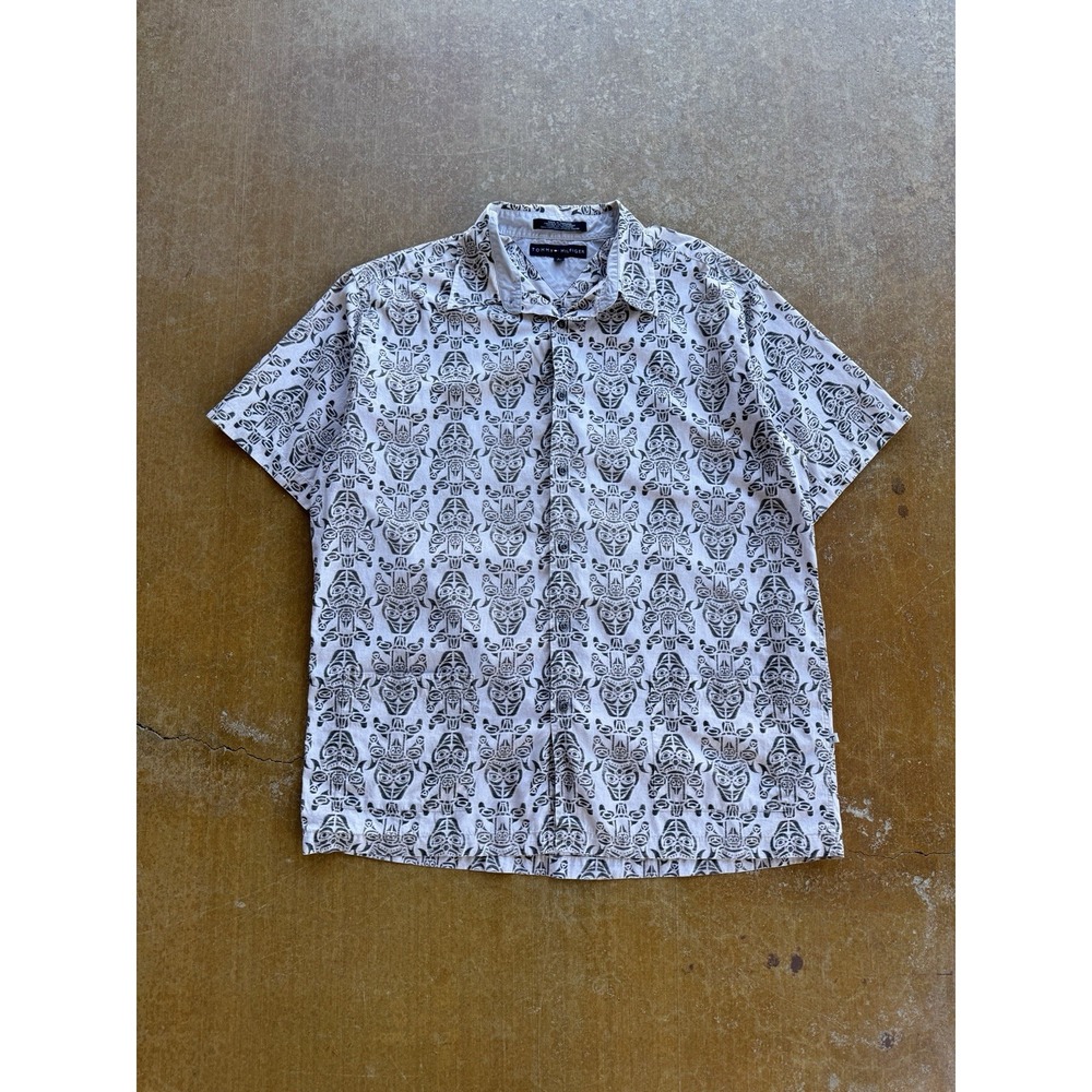 Tommy Hilfiger Tiki Hawaiian Cotton Button Up Short Sleeve Shirt AOP Large